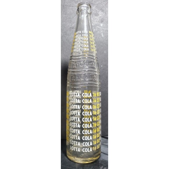 Vintage LOTTA COLA 16oz Clear Glass ACL Soda Bottle Yellow White Lettering - Picture 15 of 16